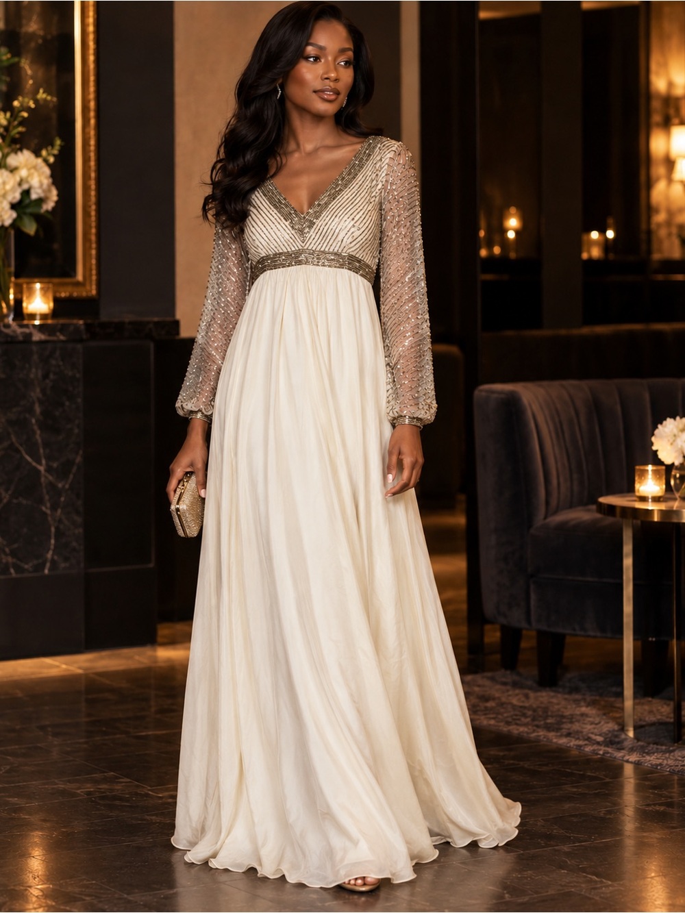 Vintage 1970s Victoria Royal Ltd Champagne Ivory Beaded Long Sleeve Gown